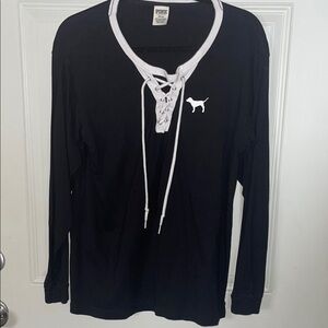 PINK Victoria’s Secret Black Long Sleeve Lace-Up Shirt with Dog Logo medium